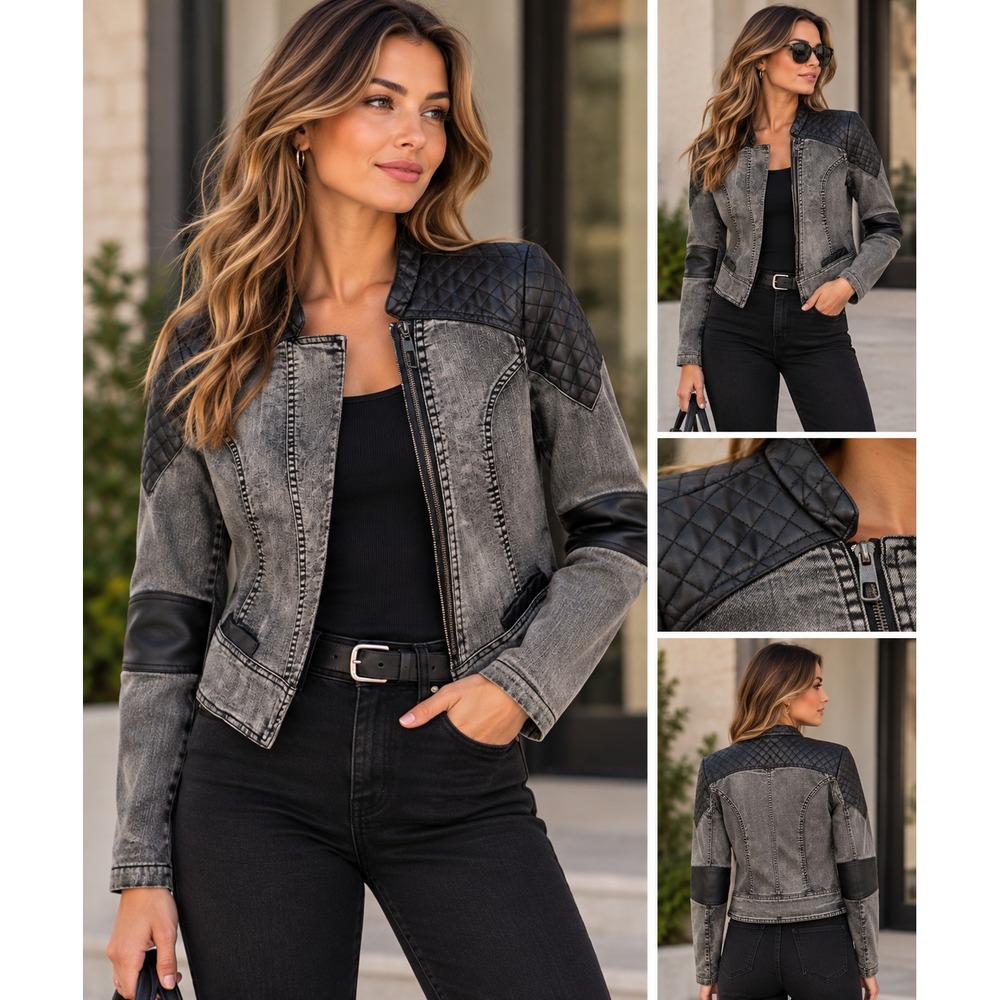 Liquid X Women's Y2K VTG Gray Black Denim Moto Jacket Quilted Faux Leather M